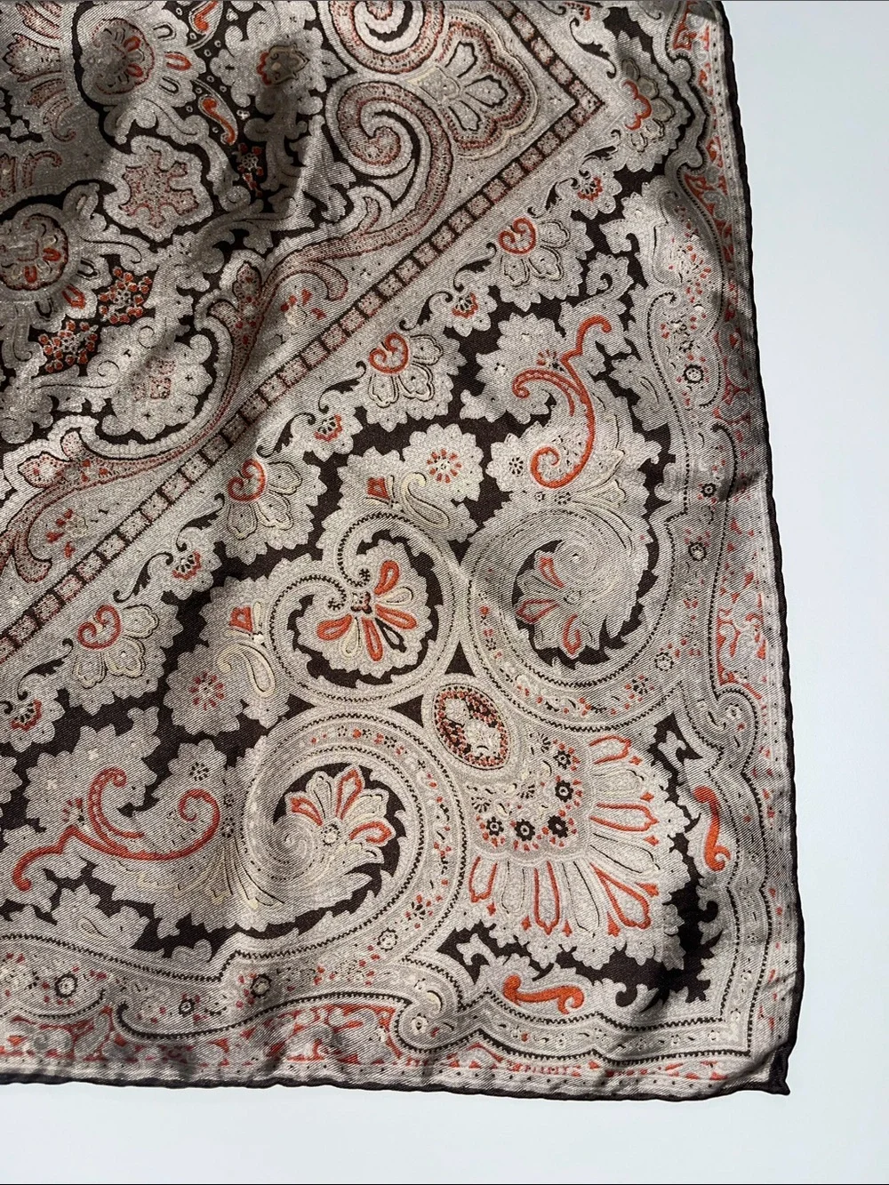Source Unknown Taupe and Coral Paisley Square Silk Scarf